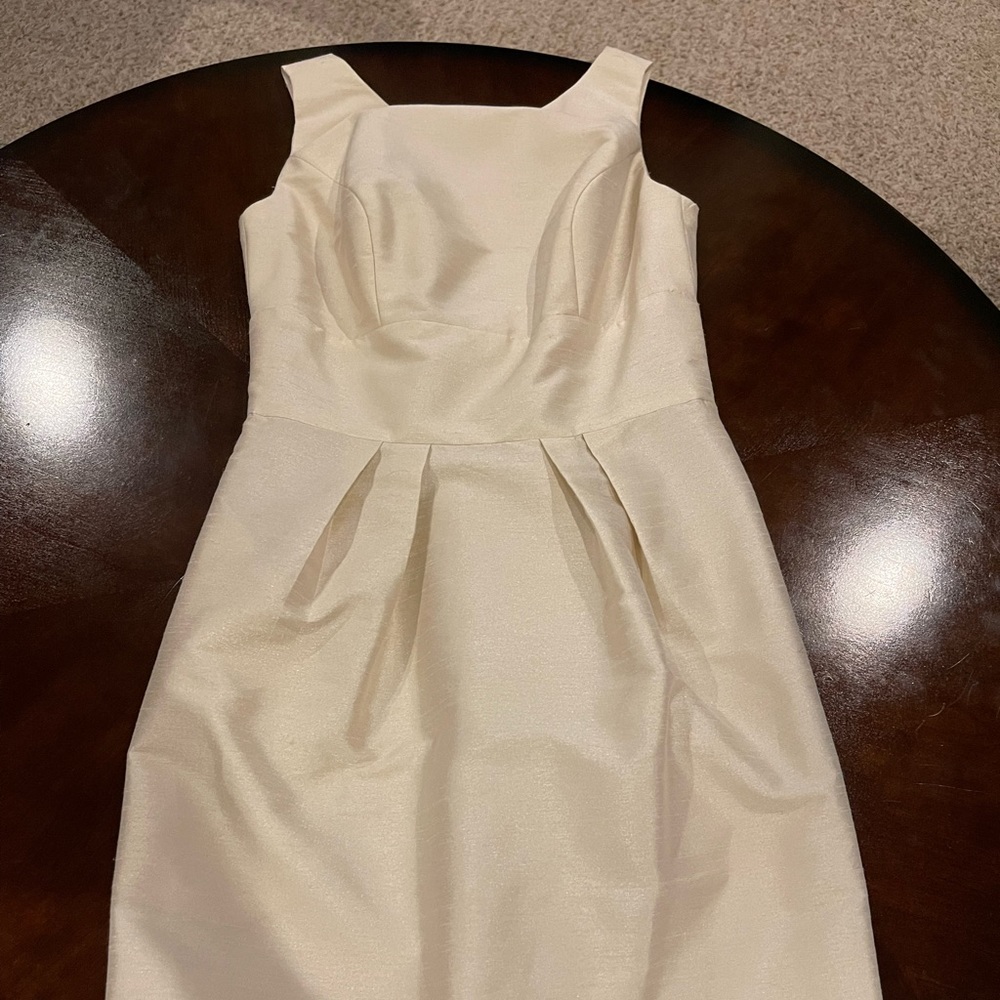 cream colored silk material midi dress